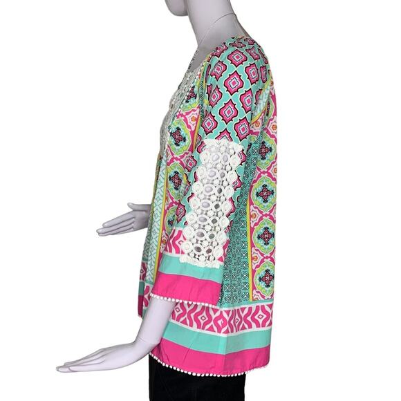 Multiples Boho Top Long Sleeve Multicolor Moroccan Print Size S 100% Ray… - Picture 8 of 15